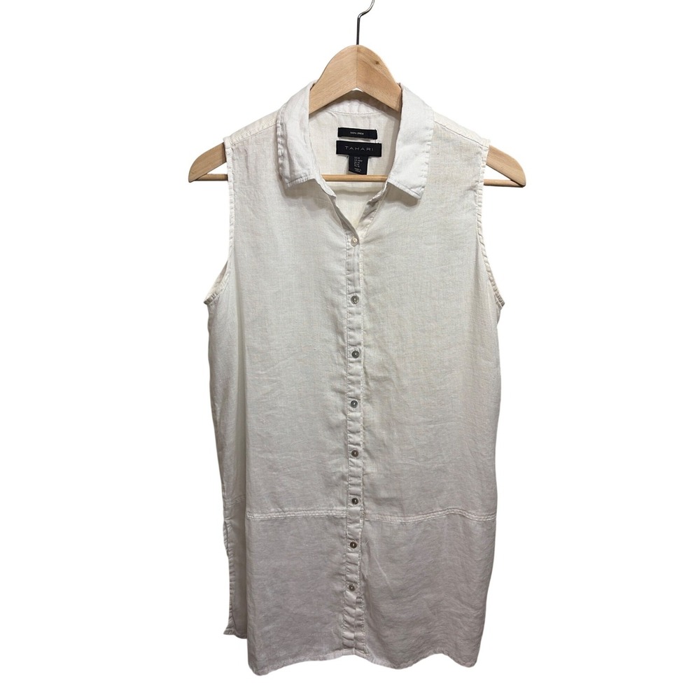Tahari Womens Sleeveless 100% Linen Button-Down Shirt Tunic Top White M Boho